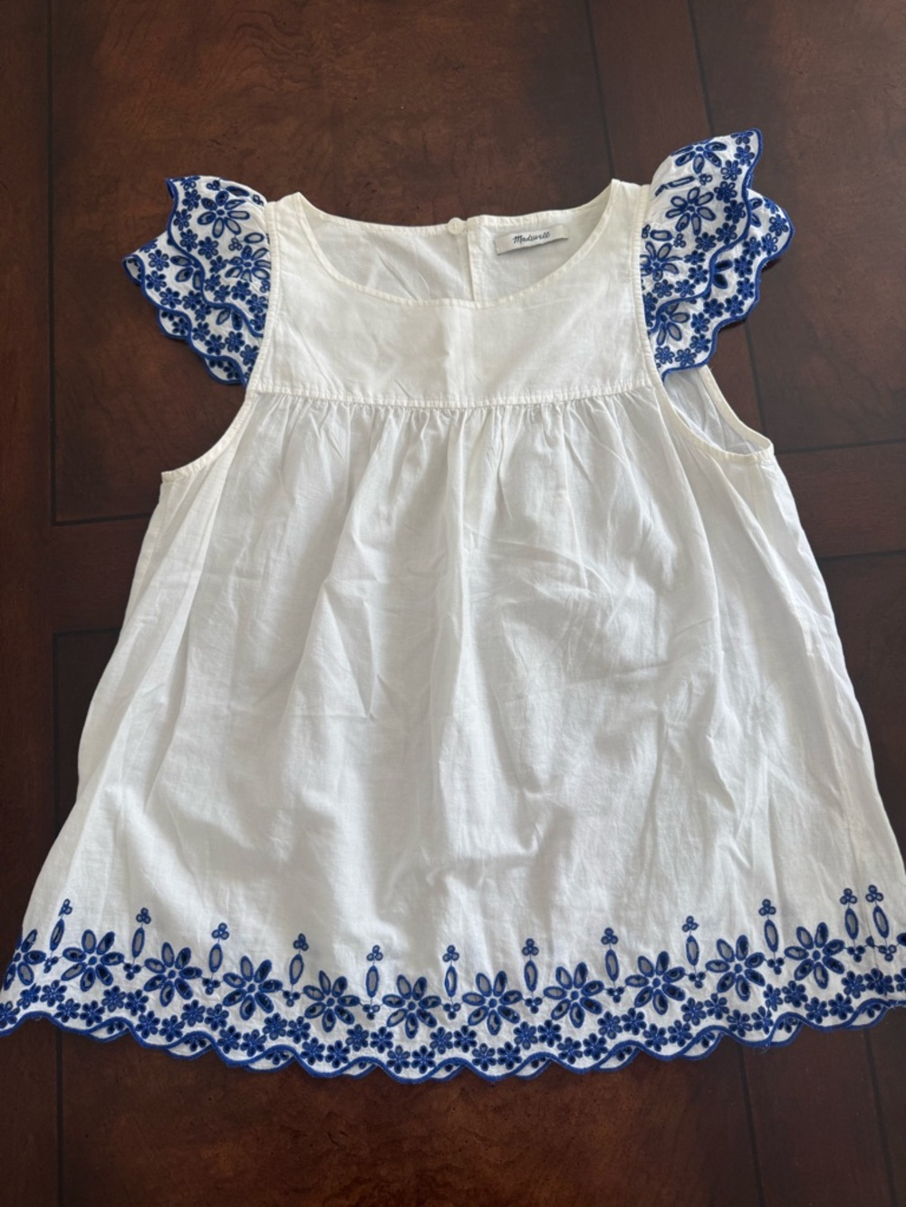 Embroidered Flutter Sleeve Top with Blue Detailing